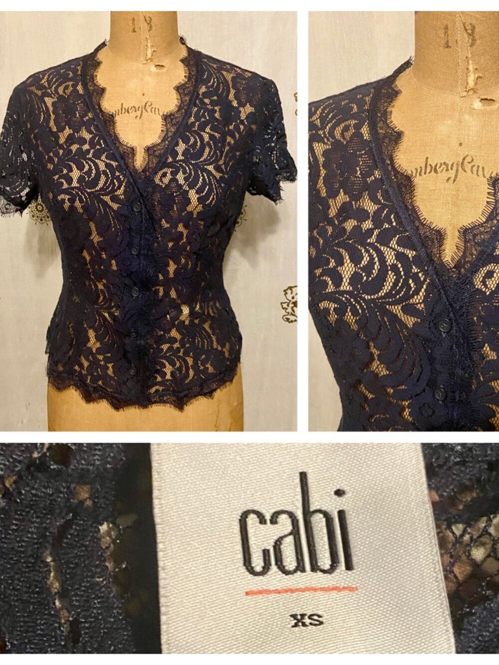 CAbi London Calling Eyelash Sheer Lace Button Front Top XS Navy Blue Whimsigoth